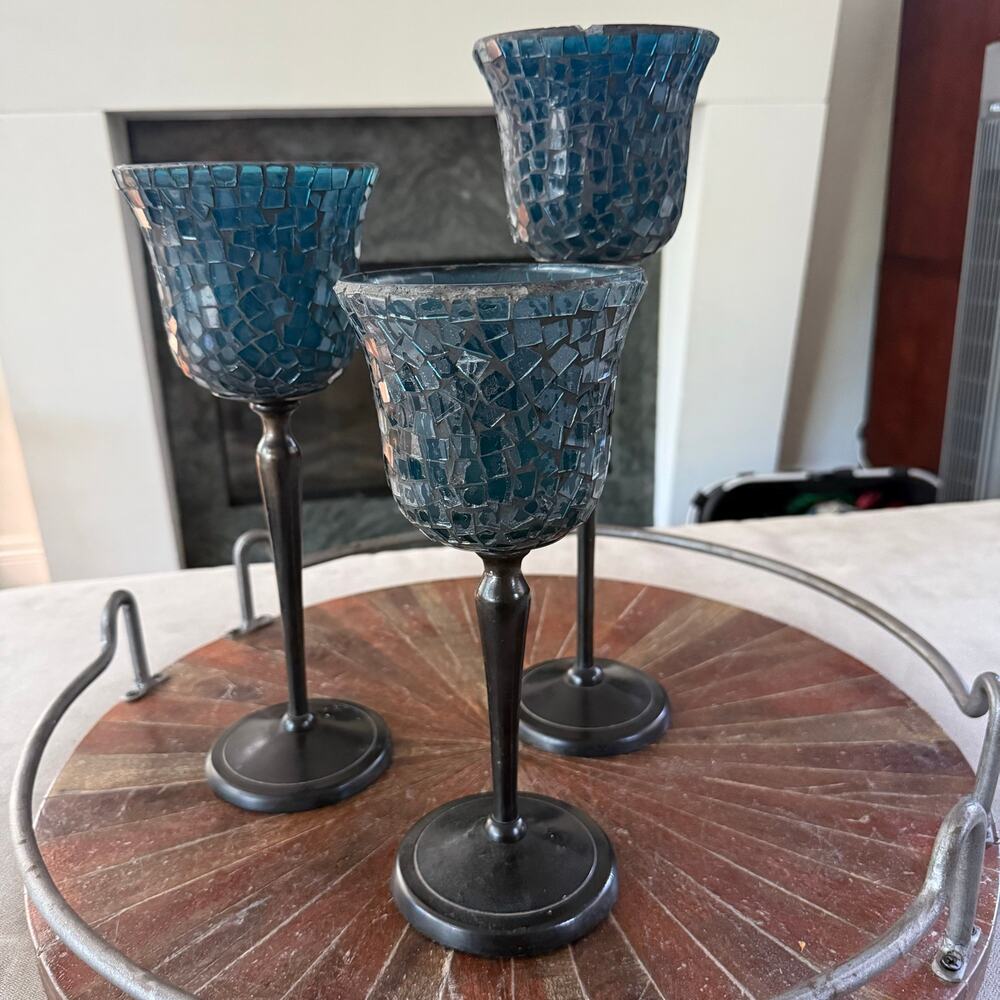Set of 3 Blue Mosaic Glass Candle Holders on Black Metal Stands